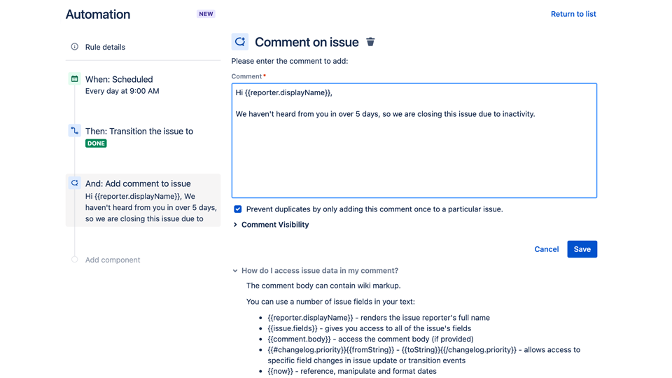 An image displaying the Comment on Issue function on Jira Service Management.